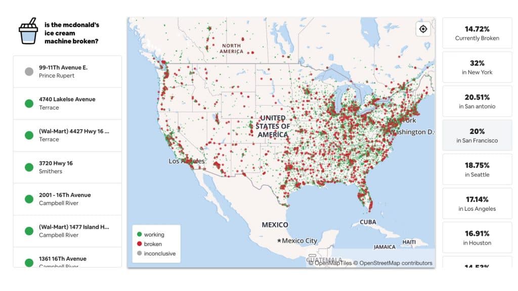 A website that shows the broken ice cream machines at McDonald's