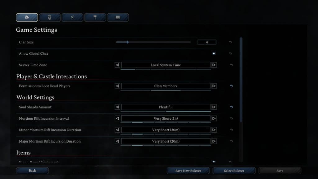 an image of Advanced Game Settings in V Rising