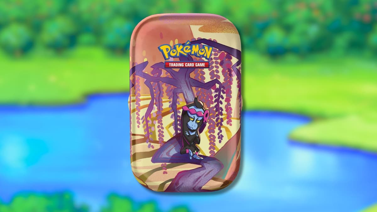 Pokemon TCG Munkidori mini tin with anime background.