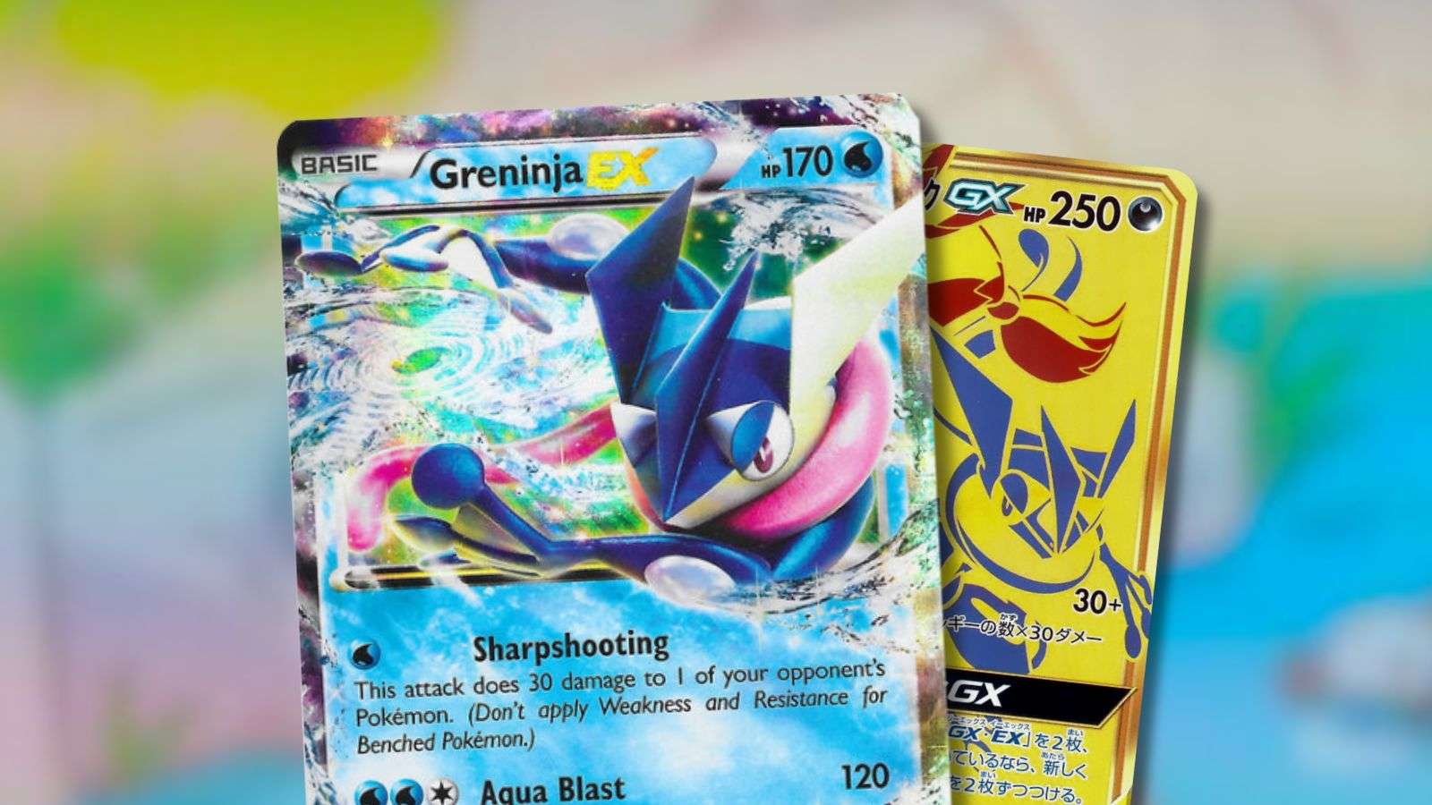 Ash Greninja and Greninja and Zoroark Pokemon card with riverside background.