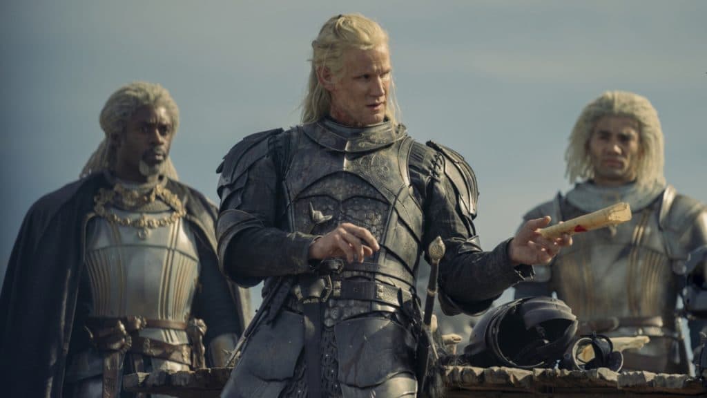 Daemon Targaryen with Corlys and Laenor Velaryon in House of the Dragon Season 1