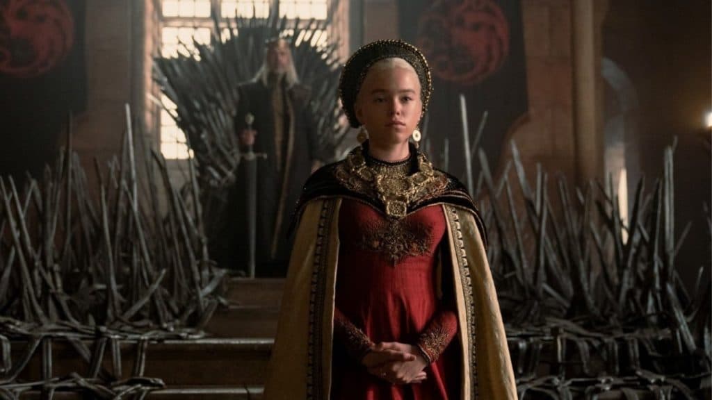 Young Rhaenyra standing in front of the Iron Throne during House of the Dragon Season 1