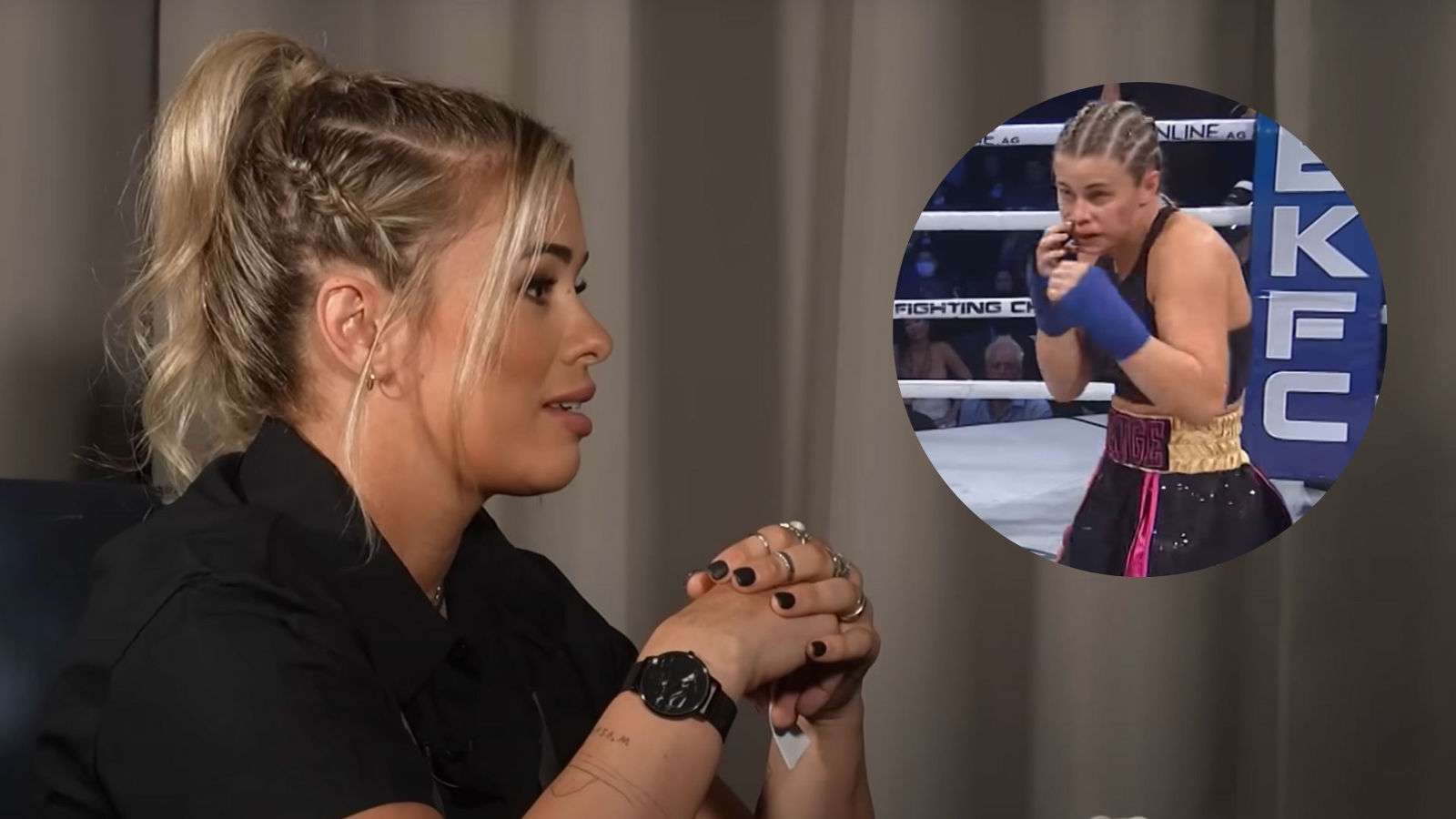 Paige VanZant looks across at an inset of her fighting bare-knuckle