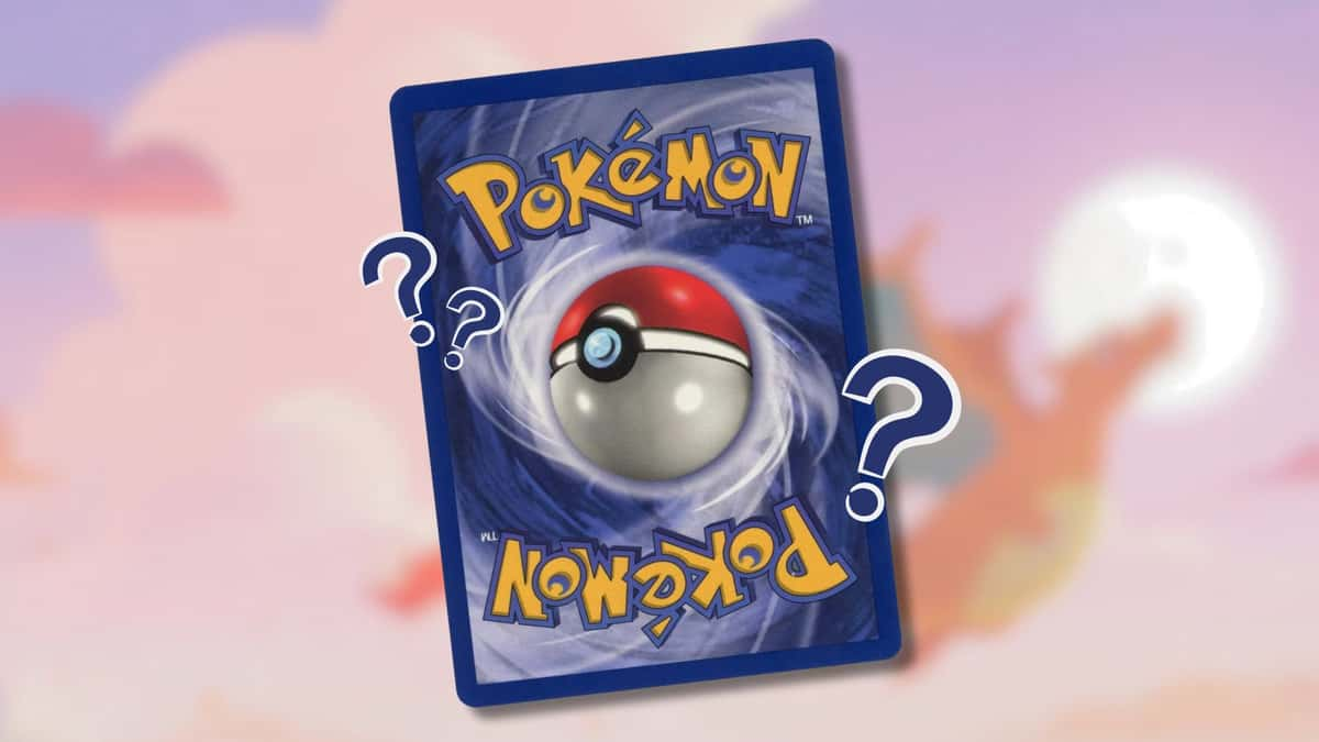 Pokemon card with question marks and Charizard background.