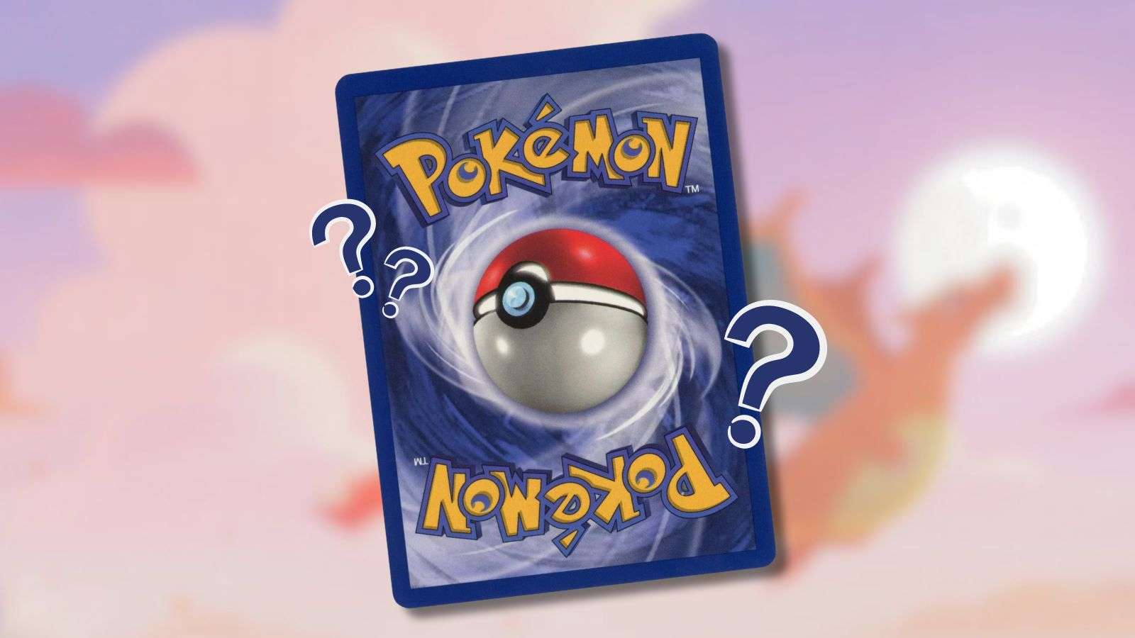 Pokemon card with question marks and Charizard background.
