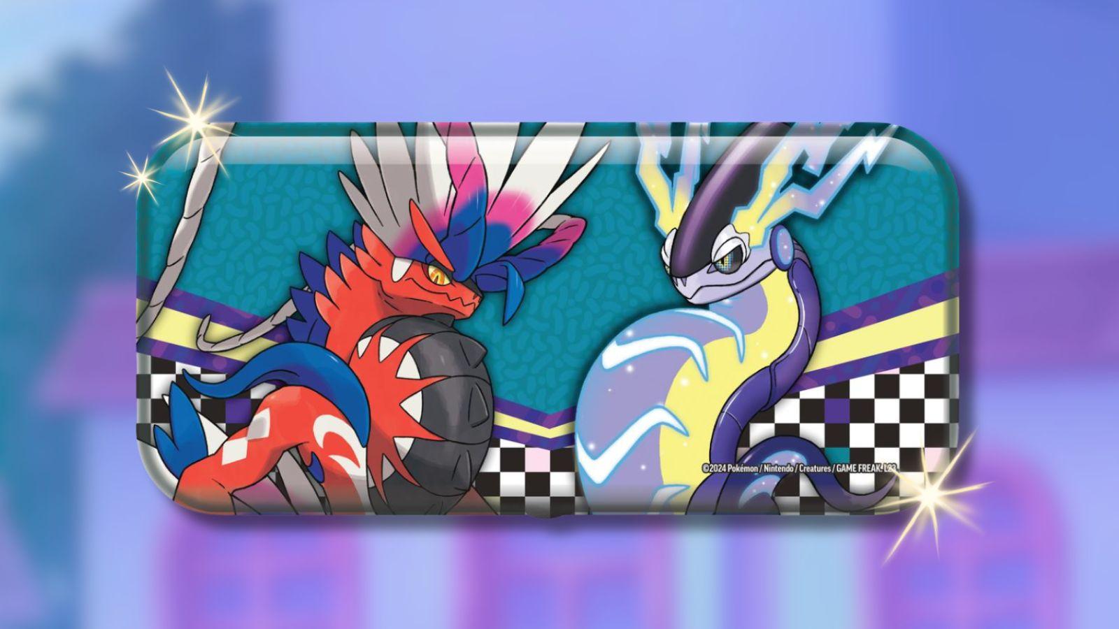 Koraidon and Miraidon pencil case with Pokemon game background.