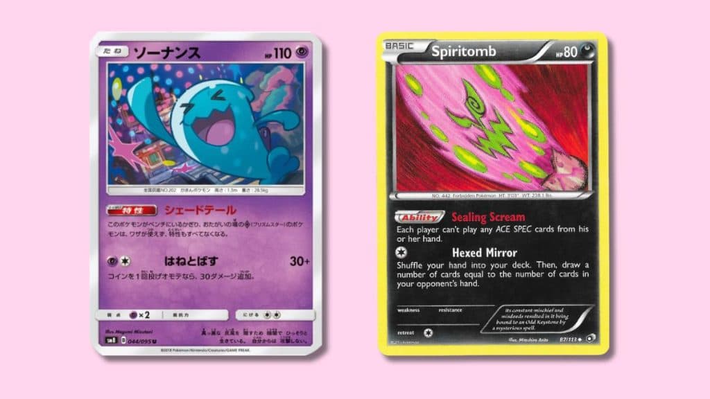 Wobbuffet and Spiritomb Pokemon cards.