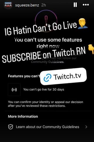 squeez benz makes twitch after instagram ban
