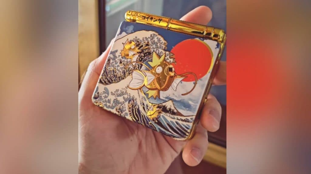 Image of the shiny Magikarp Game Boy Advance SP made in-conjunction with Instagram user supergusiland and DK's Game Emporium.