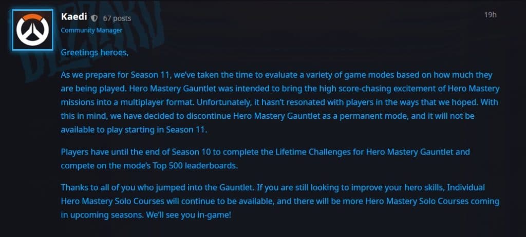 overwatch 2 hero mastery gauntlet cancelled