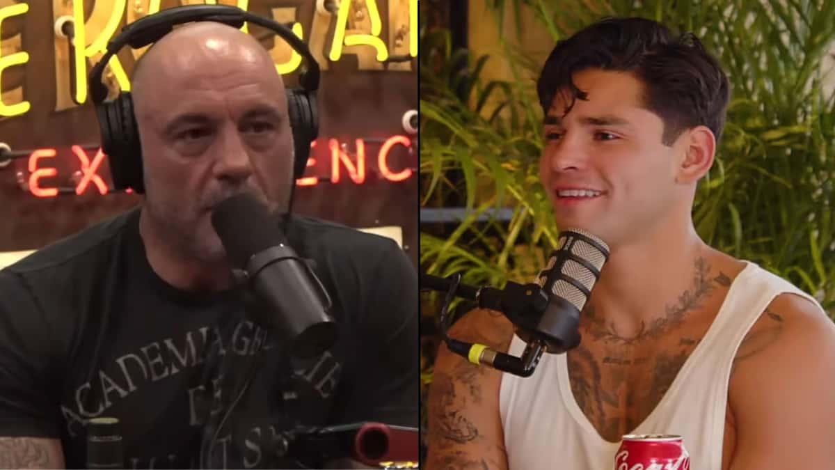 Joe Rogan and Ryan Garcia talking into mics on podcasts