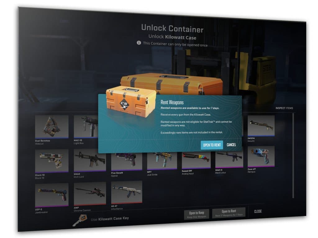 Counter-Strike 2 rentable skins from Kilowatt case
