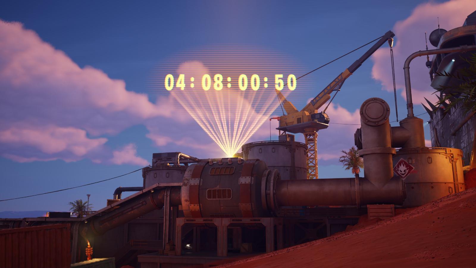 Fortnite pipeline countdown timer for next season located at Brutal Beachhead.