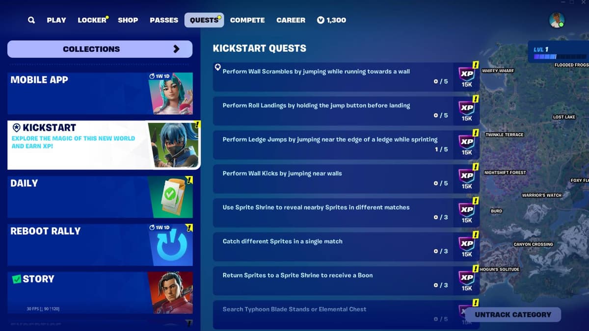 Screenshot of all the Fortnite Kickstart Quests in Chapter 6 Season 1.