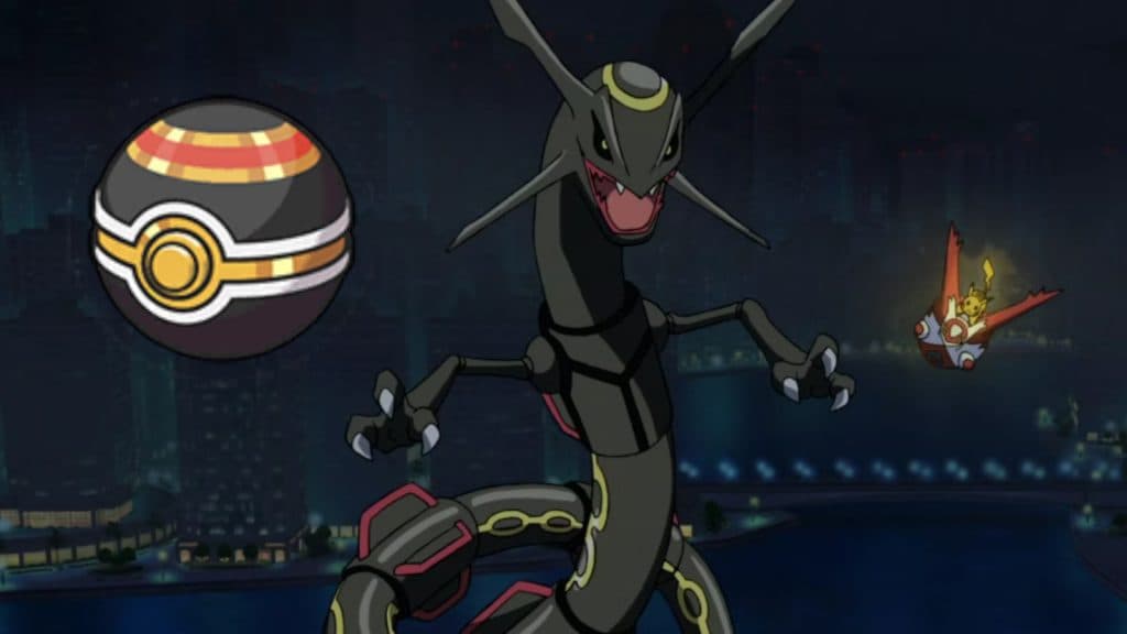 Pokemon anime shiny rayquaza pikachu riding latias at night