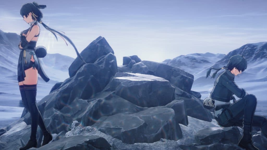 A screenshot featuring male and female Rover in Wuthering Waves main title screen.