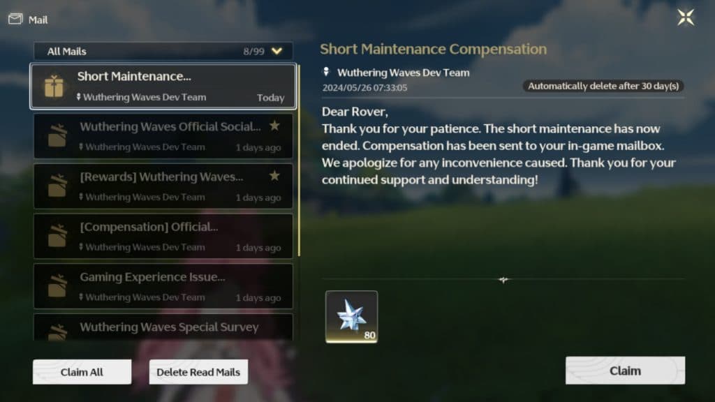 A screenshot featuring of Wuthering Waves maintenance compensation.