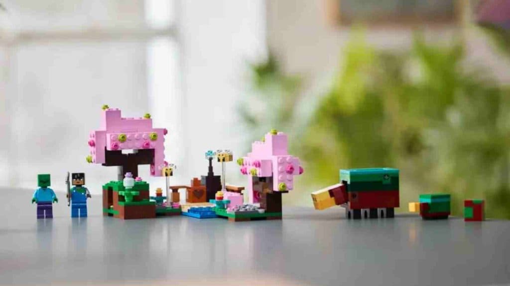 The brick-built Minecraft Cherry Blossom Garden on display