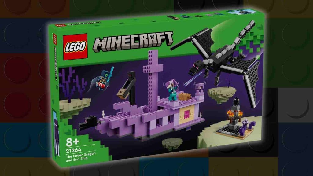 The LEGO Ender Dragon and End Ship set on a LEGO background