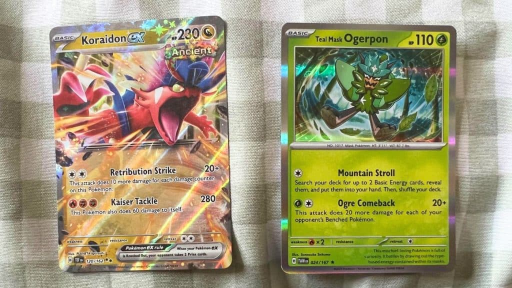 Koraidon and Ogerpon from Pokemon TCG Paradox Clash.