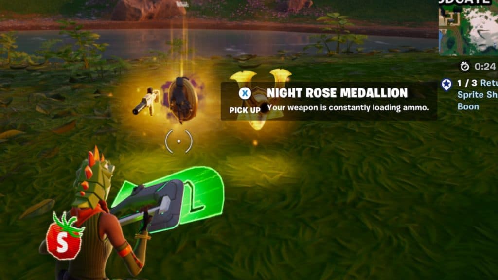 A screenshot featuring the Night Rose Medallion in Fortnite.