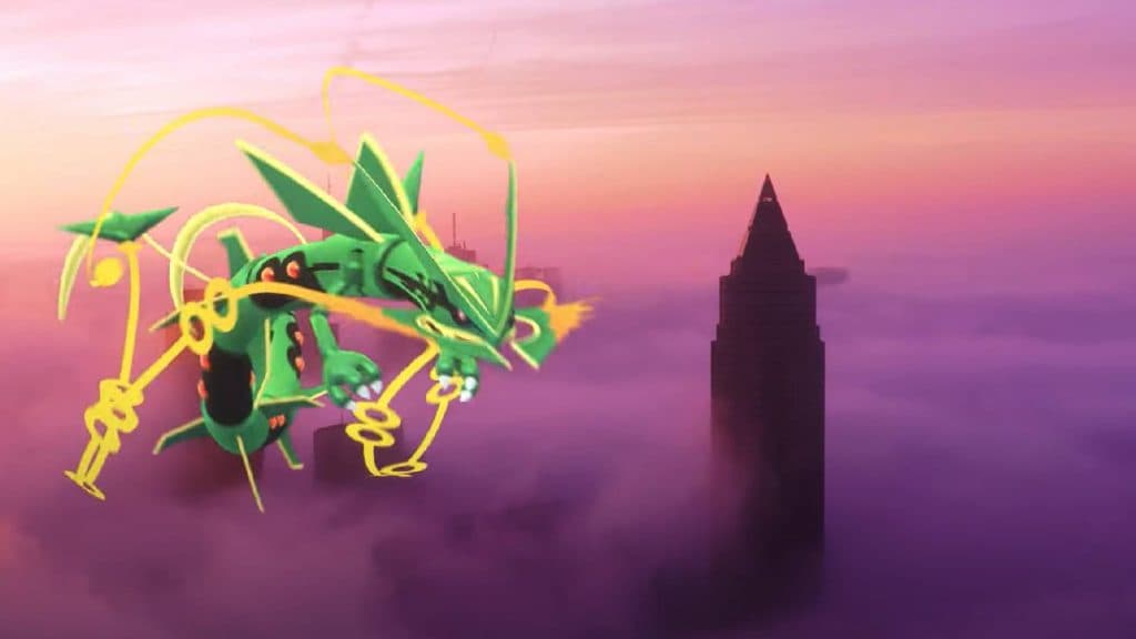 Mega Rayquaza flies through the sky