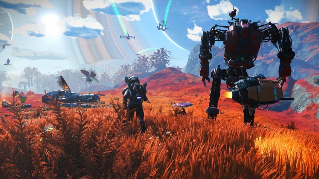 A space explorer and a huge robot on a red No Man's Sky planet