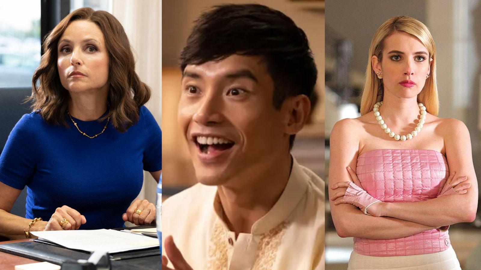 Julia Louis-Dreyfus in Veep, Manny Jacinto in The Good Place, and Emma Roberts in Scream Queens.