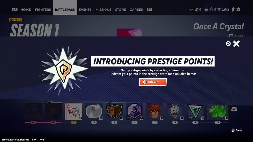 in-game screenshot featuring the new Prestige points in Multiversus.