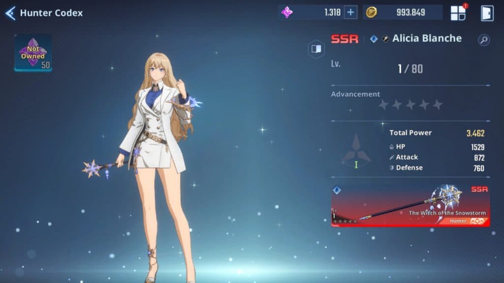 Solo Leveling: Arise Alicia Blanche The Witch of the Sandstorm SSR weapon.