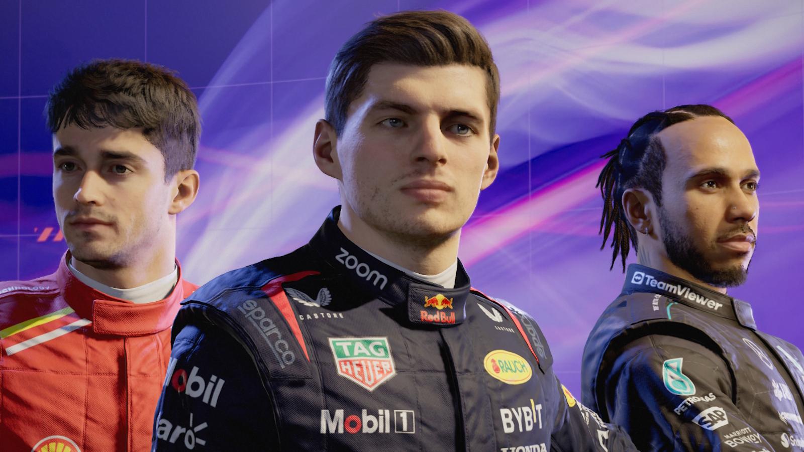 Max Verstappen, Charles Leclerc, and Lewis Hamilton in F1 24.