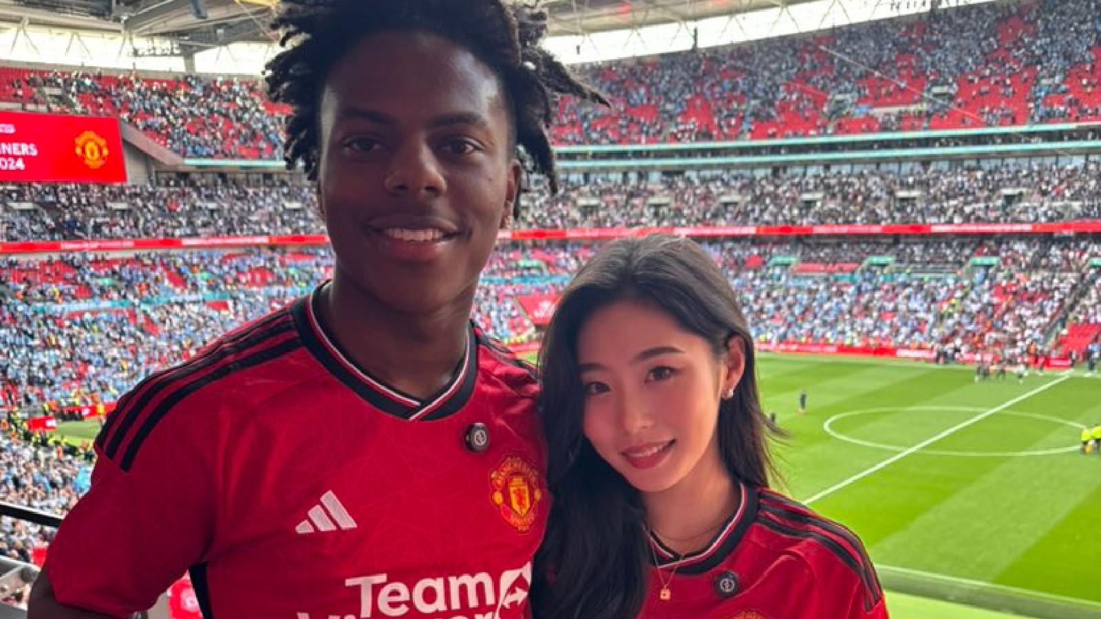 IShowSpeed and Amy Flmay wearing Manchester United shirts at Wembley Stadium