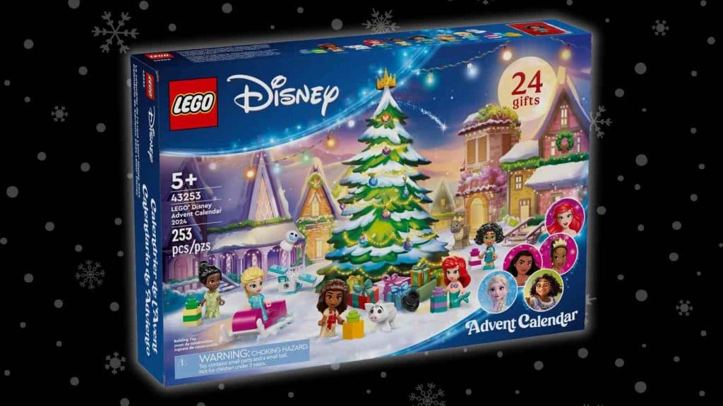 The LEGO Disney Advent Calendar 2024 on a snow background