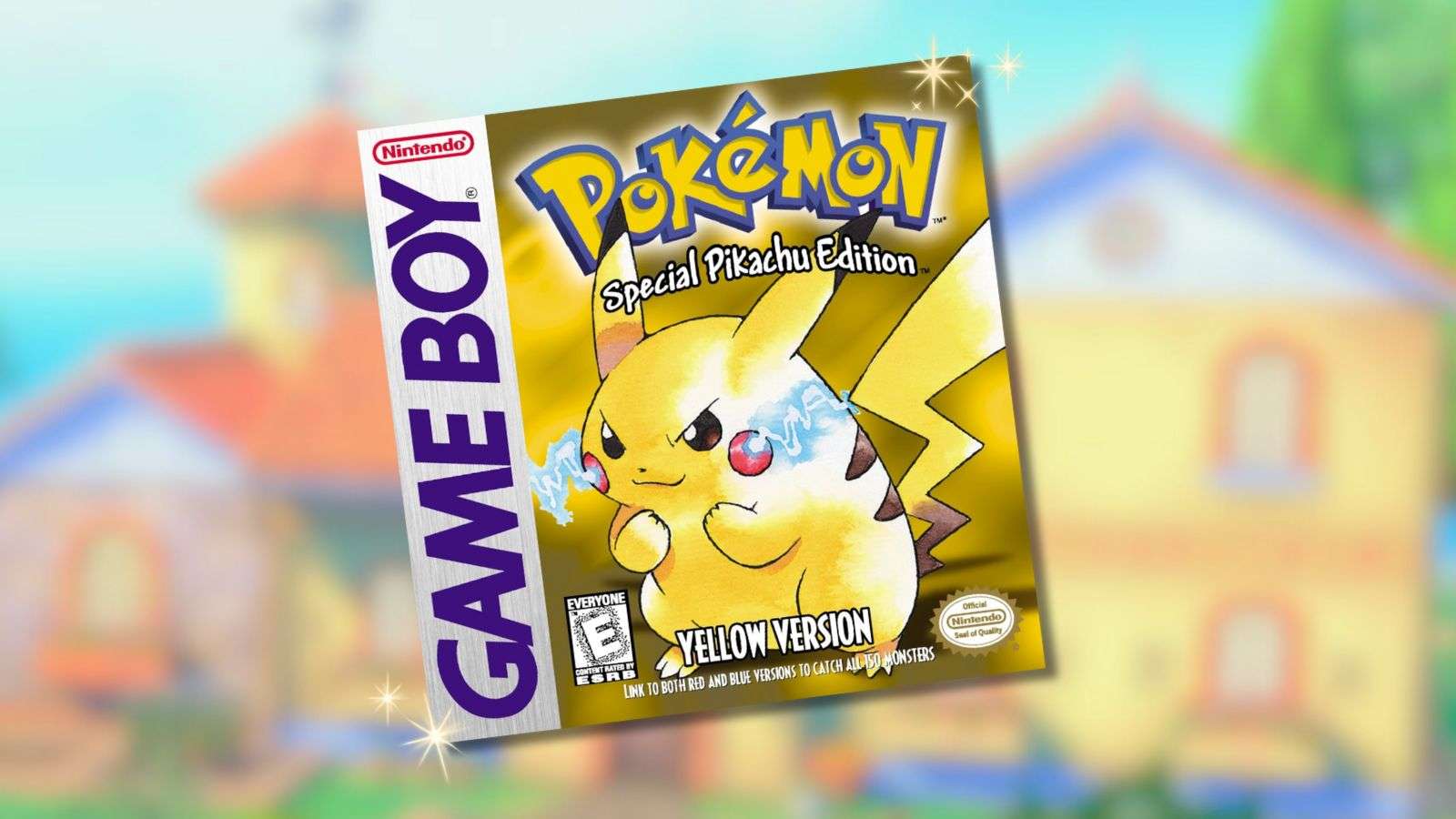 Pokemon Yellow cover with Scarlet & Violet video game background.