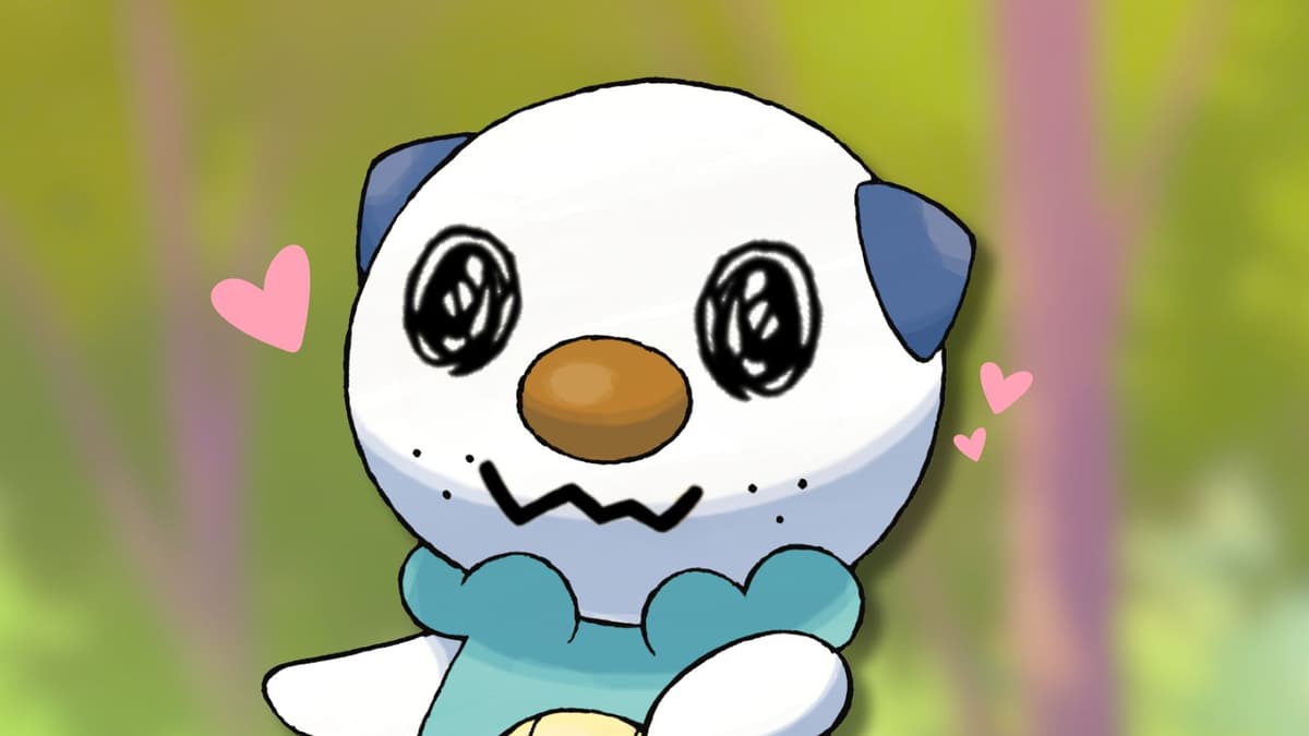 Oshawott with Mimikyu Pokemon eyes and lovehearts with anime background.