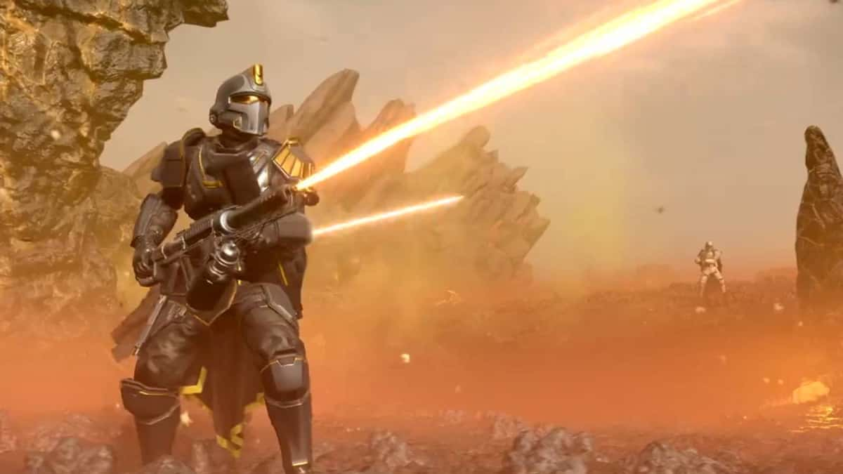 Helldivers 2 character using laser weapon