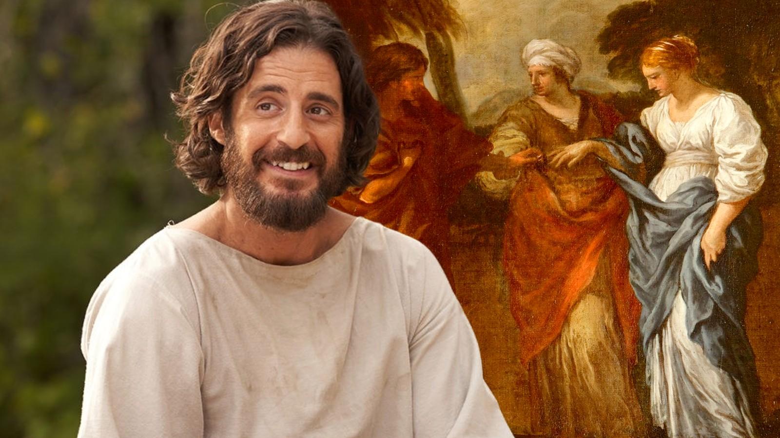 Jonathan Roumie as Jesus in The Chosen and a painting of Ruth and Boaz
