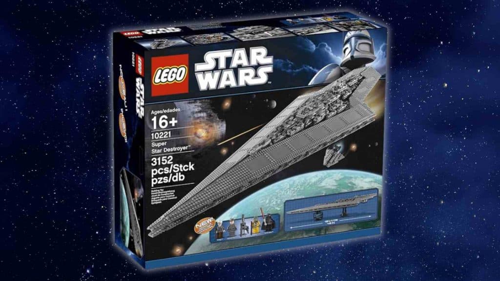 The LEGO Star Wars Super Star Destroyer on a galaxy background