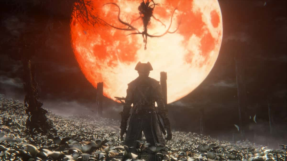 Bloodborne Moon presence boss descending from red blood moon as hunter watches on