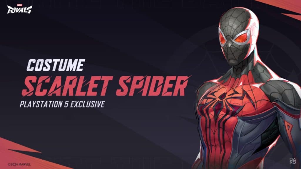 A screenshot featuring the Scarlet Spider skin for Spider-Man in Marvel Rivals.