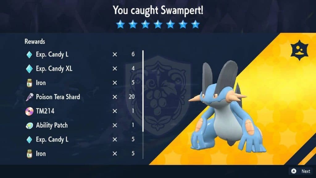 A menu shows the rewards for beating Swampert in tera Raids