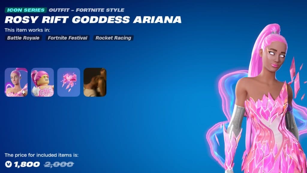 Une capture d'écran présentant le pack Rosy Rift Goddess Ariana dans Fortnite.