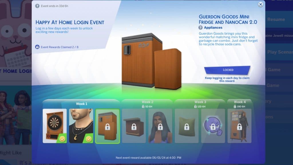 A screenshot featuring rewards from The Sims 4 Happy at Home event.