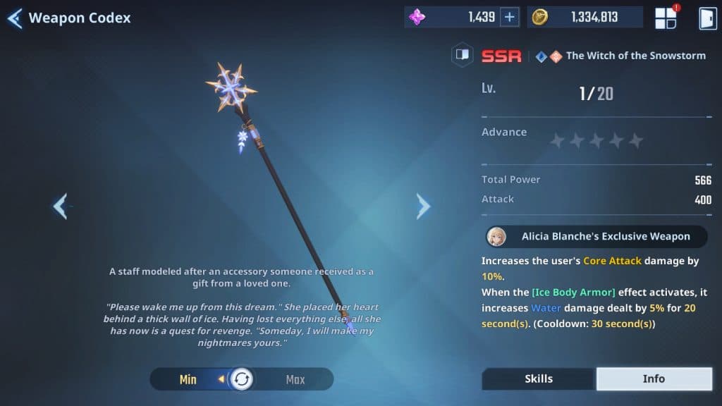 The Witch of the Snowstorm Alica Blanche hunter exclusive weapon in Solo Leveling: Arise.