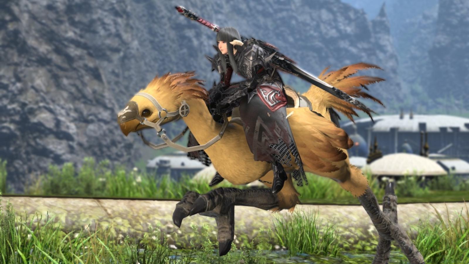 A player riding a Chocobo in FFXIV.