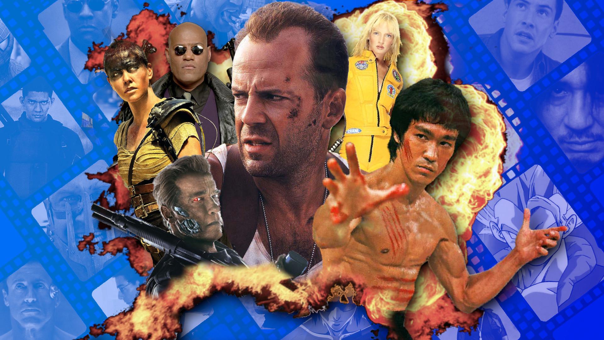 John McCLane, the T-1000, Bruce Lee, Morpheus, Furiosa, and The Bride stand in an explosion.