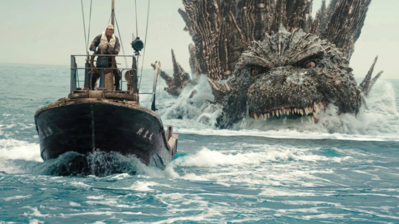 Godzilla chases a boat in Godzilla Minus One