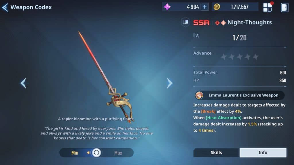 Night-Thoughts Emma Laurent weapon in Solo Leveling: Arise.