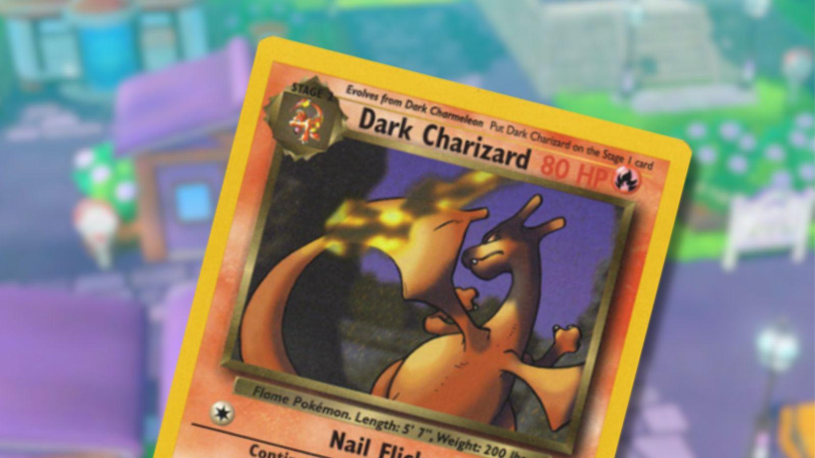 Dark Charizard Pokemon card with Lavender Town background.