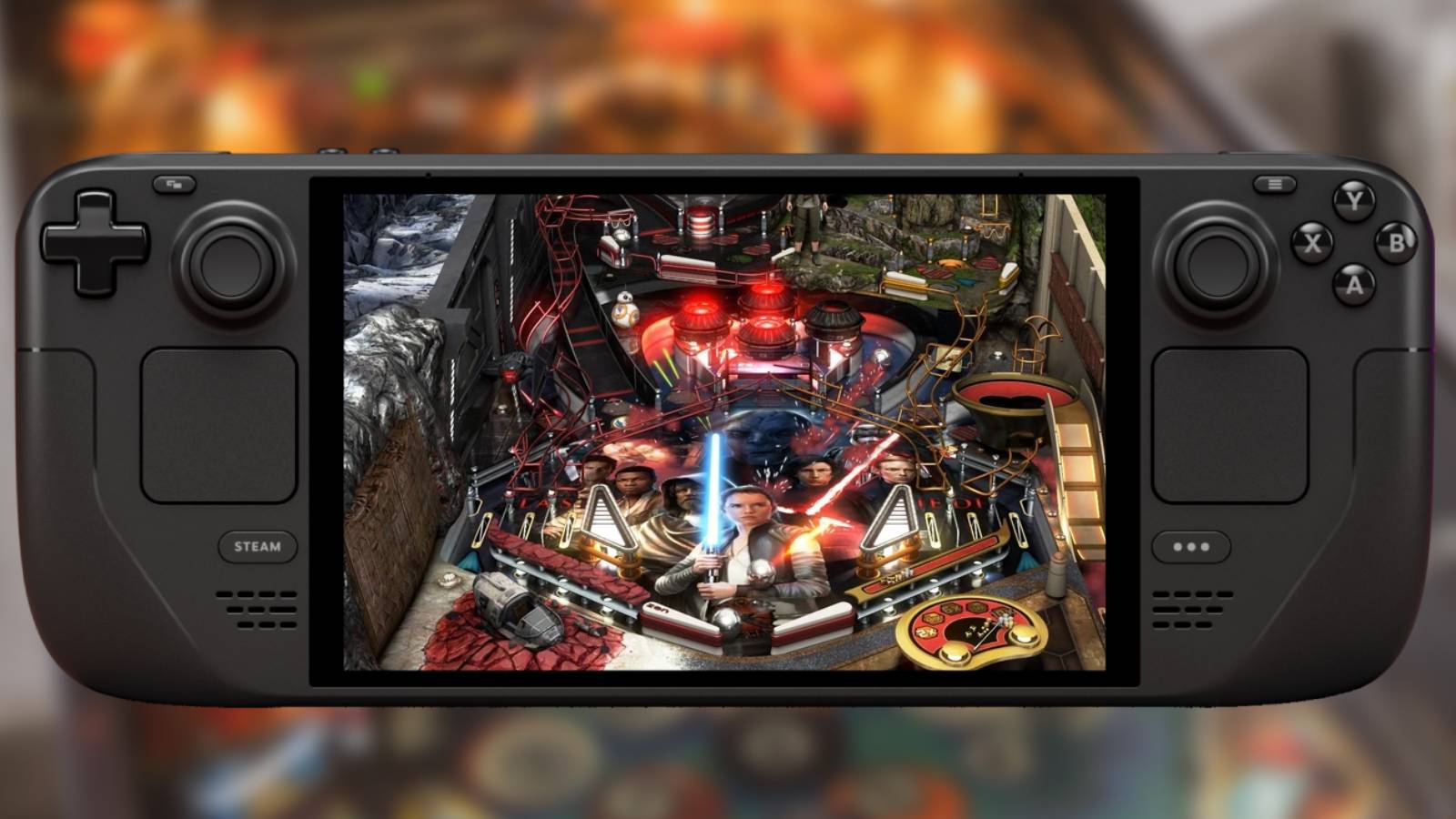 Image from Pexels.com by Vladimir Srajber in the background, with a Steam Deck on top displaying a screenshot of Star Wars: Episode VIII - The Last Jedi from Pinball FX3.